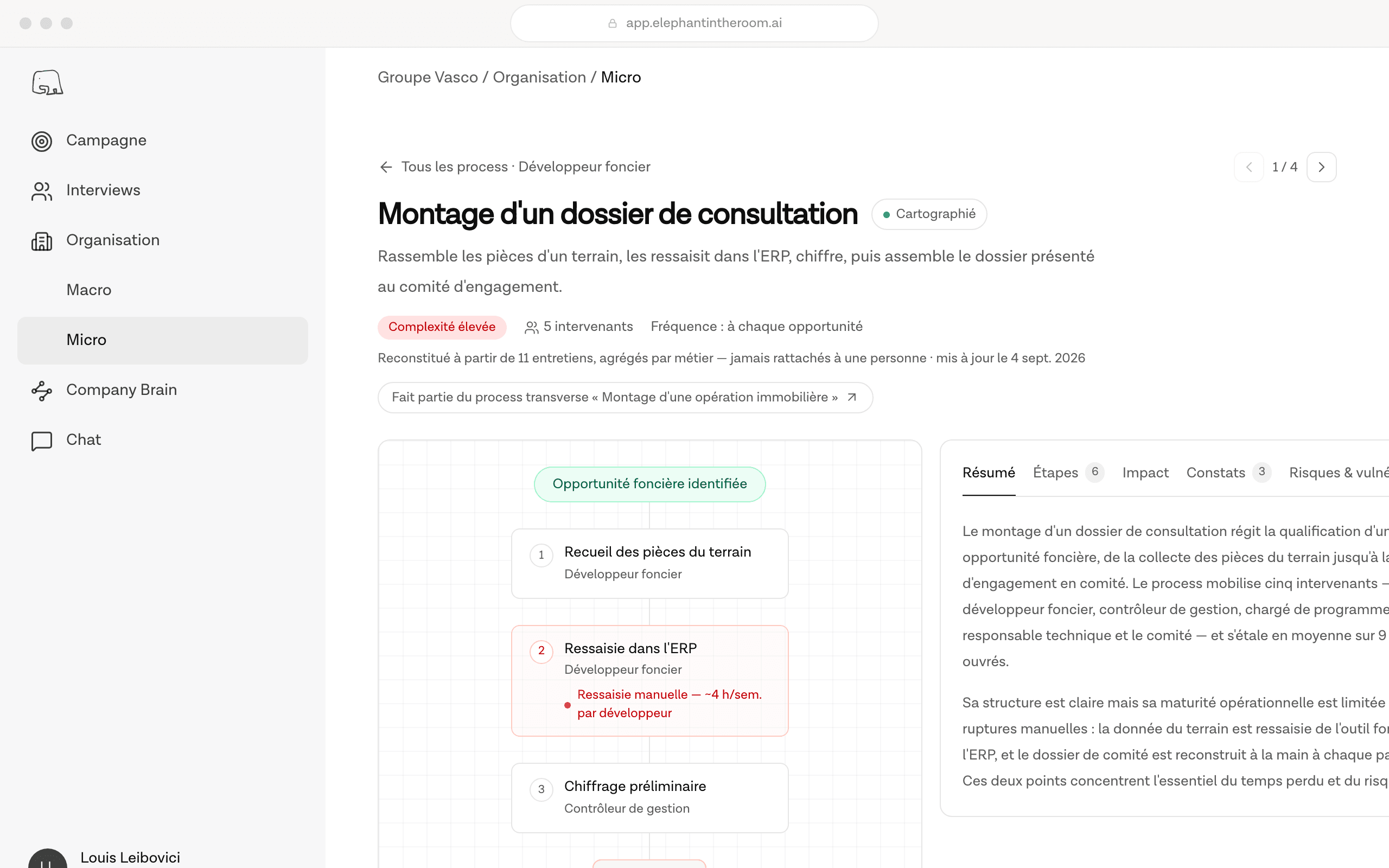 Vue Micro du produit : un processus cartographié étape par étape, avec ses points de friction