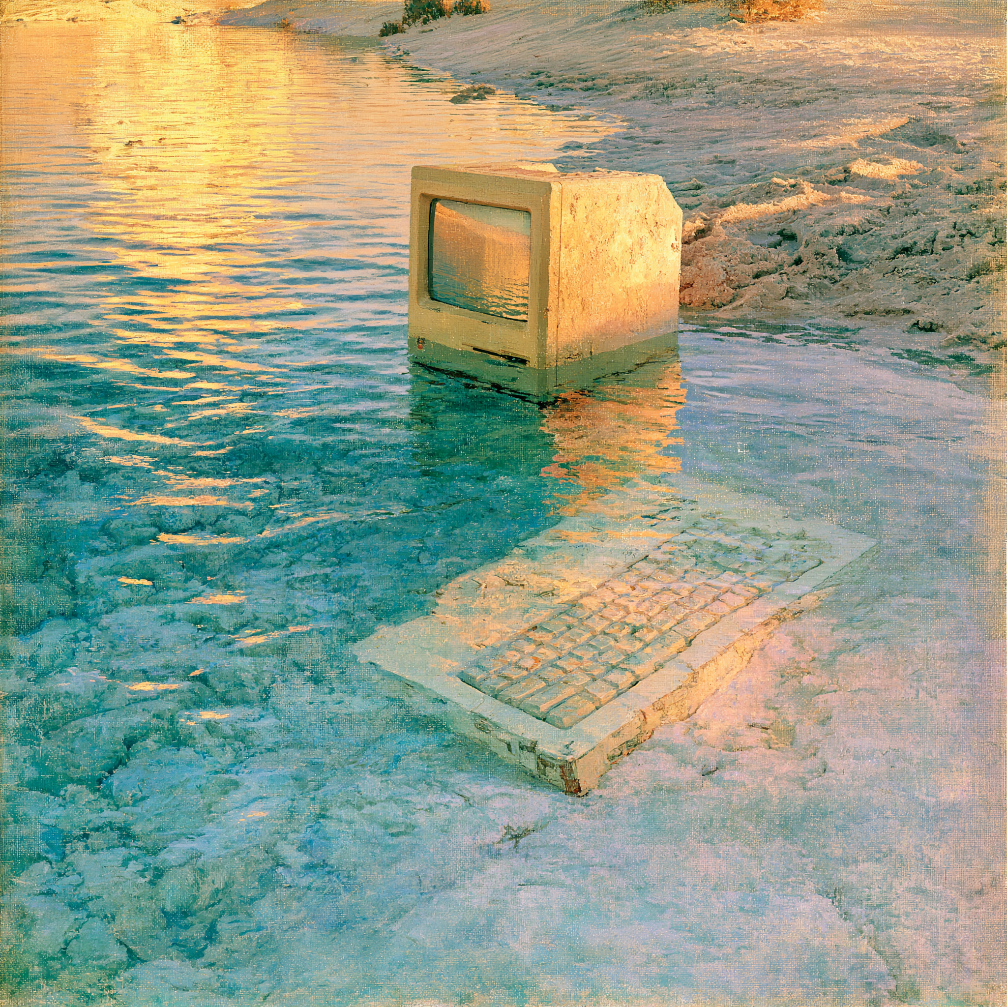 Ordinateur rétro à moitié immergé dans une flaque turquoise au coucher de soleil