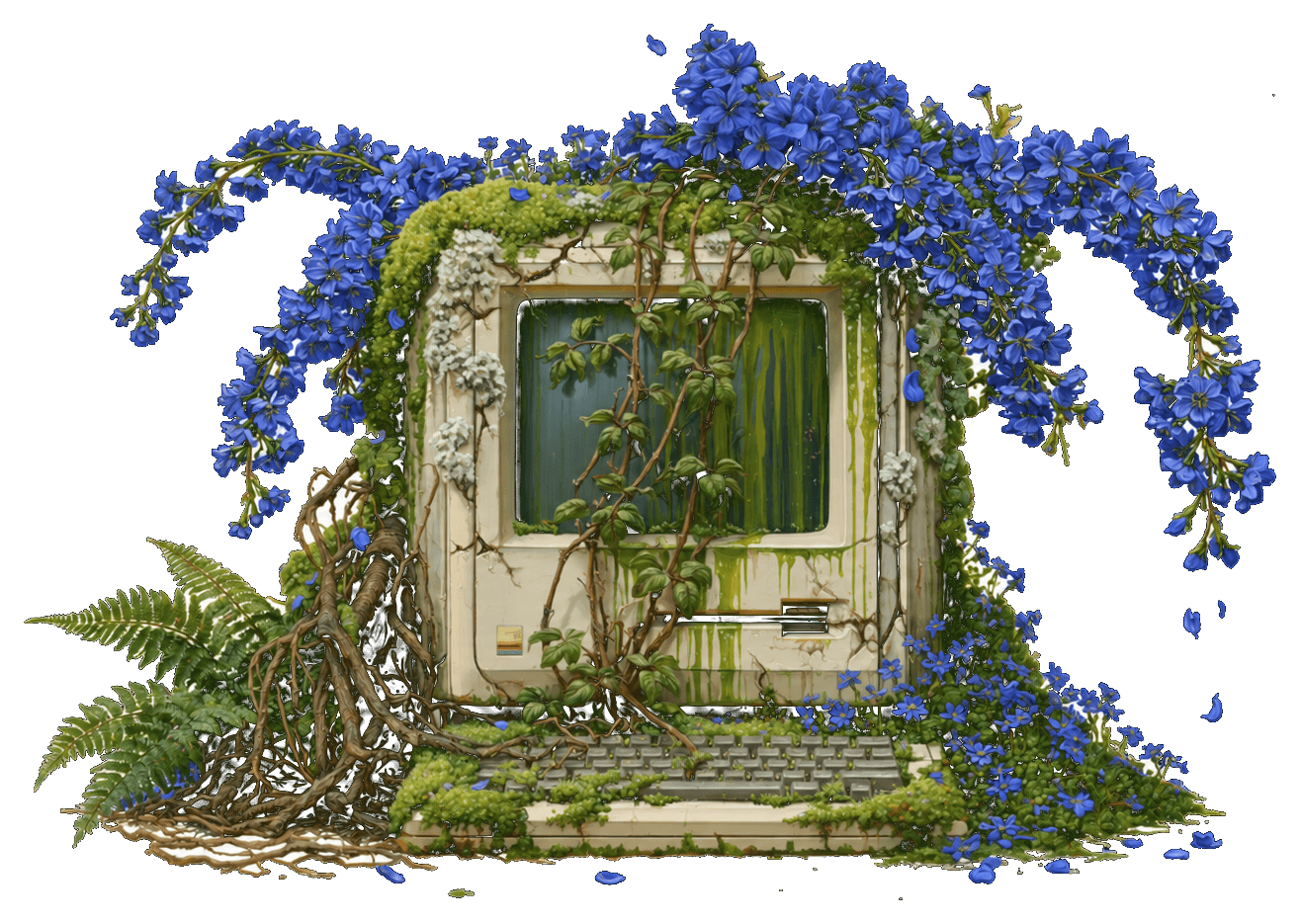 Ordinateur rétro envahi de fleurs bleues