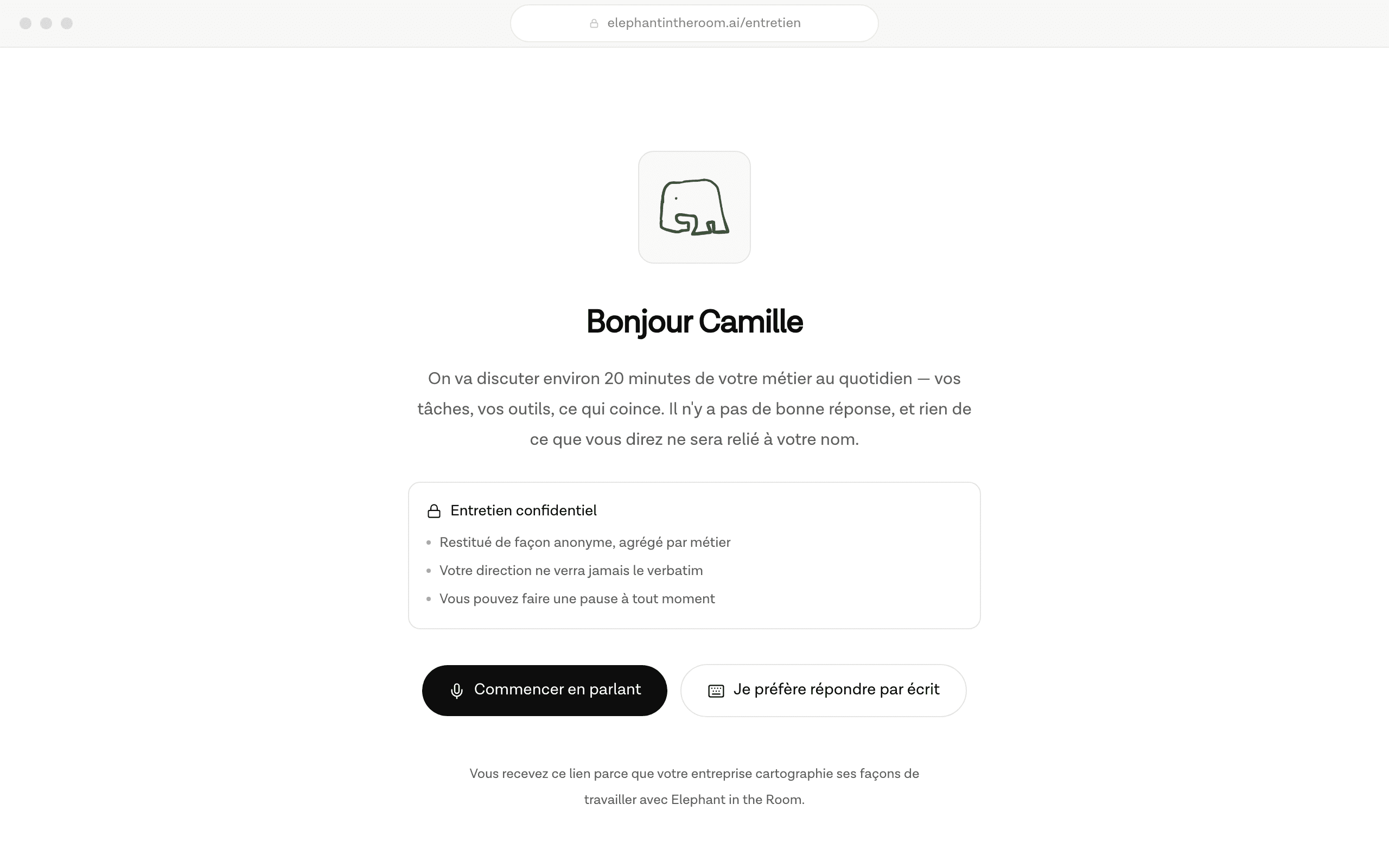 Écran d'accueil de l'entretien : Bonjour Camille
